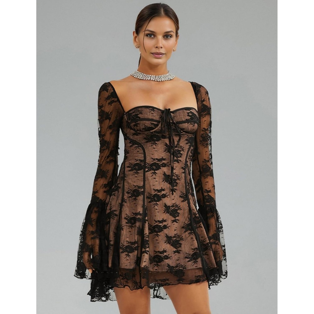 Womens Whismisgoth Black Lace Vampy Witchy Long Sleeve Dress Square Neck‎ Size M